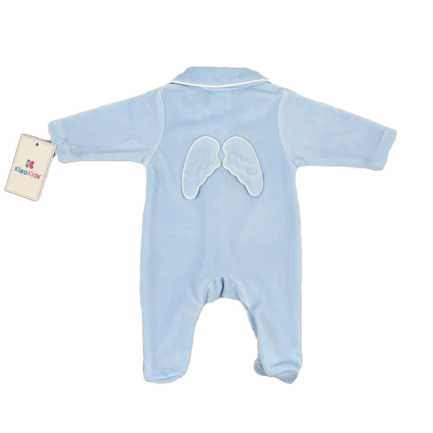 Sky Blue Velour Angel Wings Baby Grow - Kleo Kids