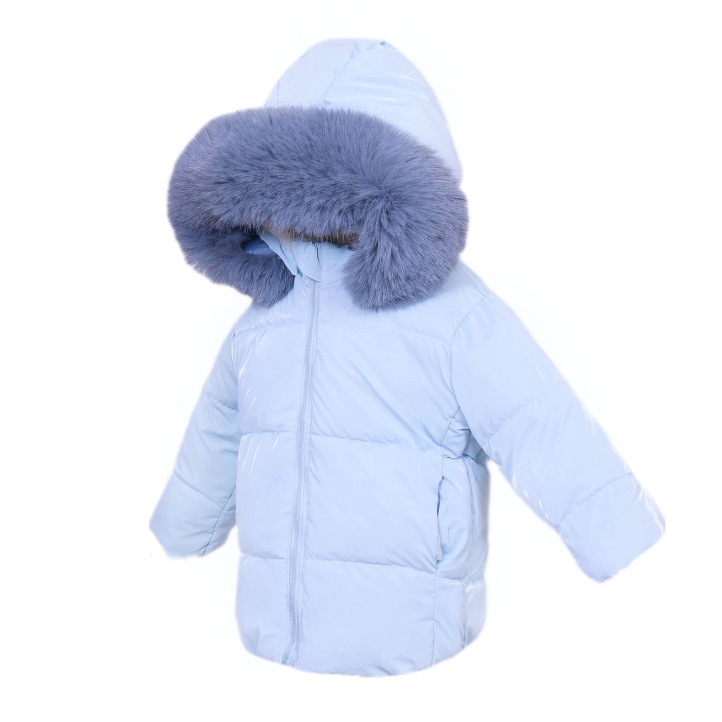 Baby Boy Blue Faux Fur Long Puffer Coat with Hood - MYD412B