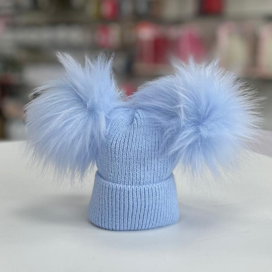 Baby Blue Hat Double Pom Pom Close Knit | Kleo Kids