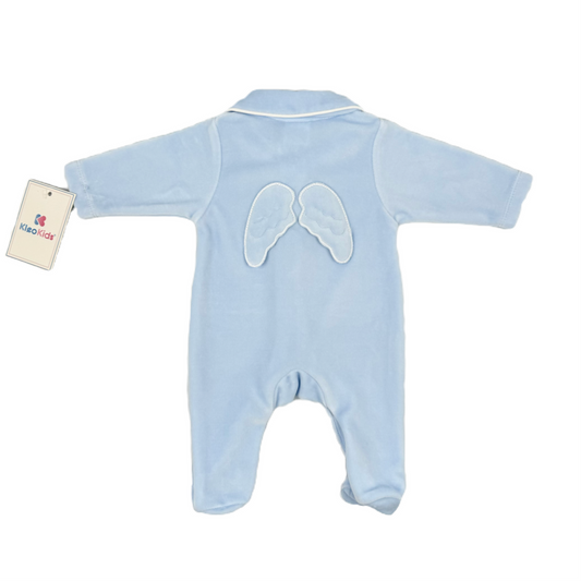 Sky Blue Velour Angel Wings Baby Grow - Kleo Kids