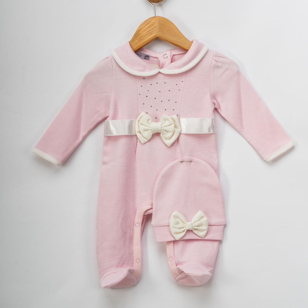 VISARA pink & cream bow & diamonds baby grow 2pc