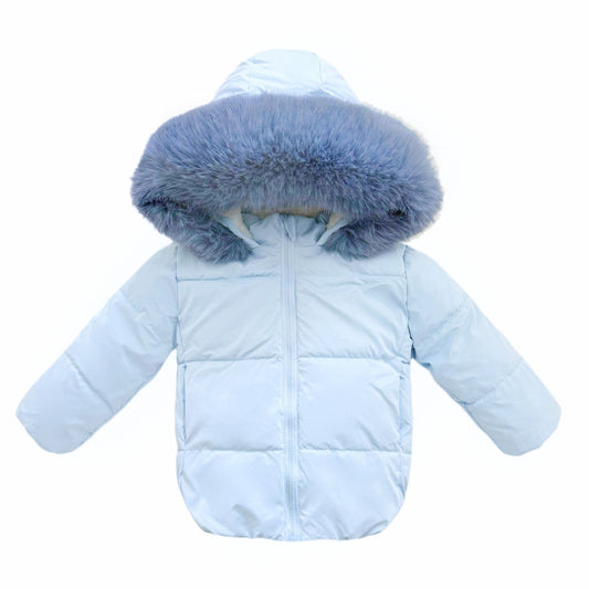 Baby Boy Blue Faux Fur Long Puffer Coat with Hood - MYD412B